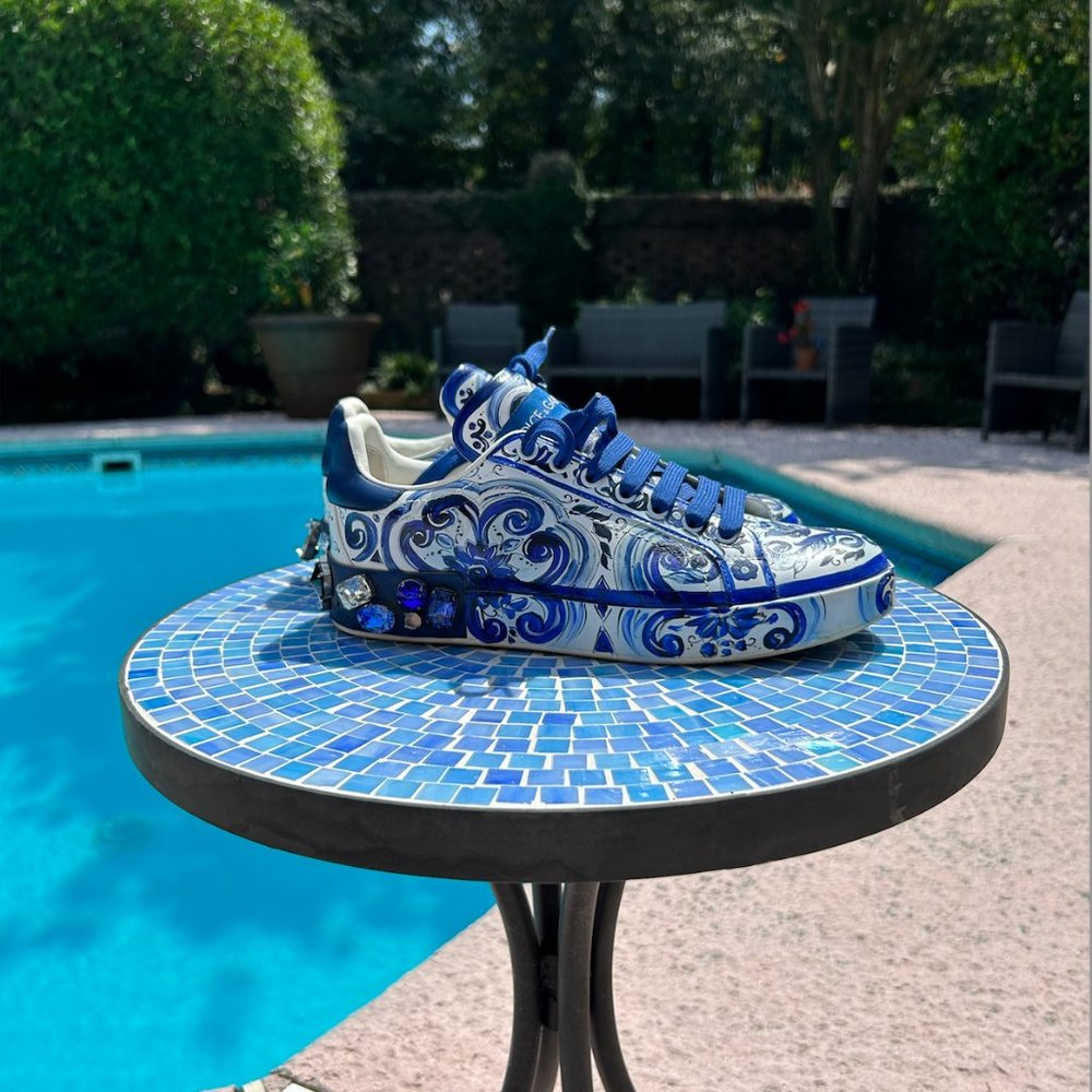 Dolce & Gabbana Women's Blue Majolica-print Calfskin Portofino Sneakers